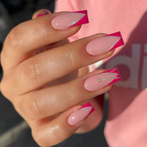 Uñas Postizas Pre-diseñadas con Punta Cuadrada Estilo Europeo Americano, <span class=keywords><strong>Diseño</strong></span> de <span class=keywords><strong>Manicura</strong></span> <span class=keywords><strong>Francesa</strong></span> con Pedrería, 24 Piezas, Uñas Postizas Removibles - Product Image 2