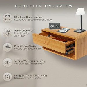 Modern Small Spaces <strong>Wall</strong> Mounted Nightstand Bamboo Floating <strong>Bedside</strong> <strong>Table</strong> With Drawer for Bedroom Living Room - Product Image 6