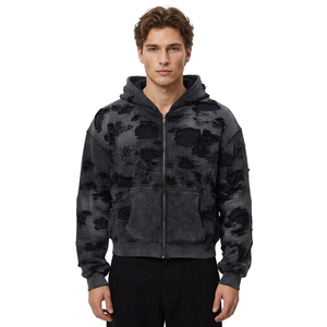 Sweat à capuche zippé oversize pour homme, 100% coton, effet délavé, tricot gaufré, streetwear personnalisé - Product Image 1
