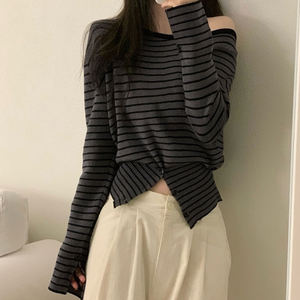 Top de punto a rayas de un solo hombro con manga larga, cintura ajustada, estampado digital, corte ajustado, casual, versátil, básico, para otoño. - Product Image 6