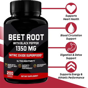 Cápsulas de Remolacha, Suplementos de 1350 mg, Extracto de Remolacha en Polvo con Pimienta Negra, Óxido Nítrico, 200 Unidades - Product Image 4