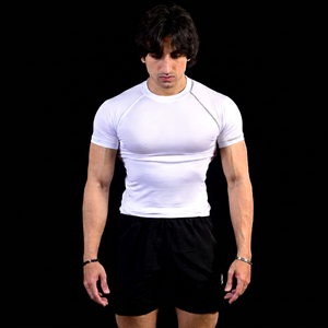Men's White Short Sleeve Crew Neck <b>T</b>-Shirt with Front Logo Black Tribal Print Slim Fit Quick Dry Polyester Sport Top - Product Image 1