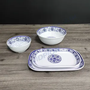 Luxury Tableware Blue And White Round Rectangle Food Grade 100% Melamine Bowl Plates Dishes Set