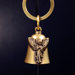 Antique <strong>Brass</strong> <strong>Bell</strong> Angel Charm Keychain - Engraved Metal Animal Ornament, Small Copper Craft Wholesale Decorative - Product Image 4