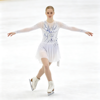 Robe de patinage et de danse blanche et bleue, col rond, manches longues en maille, dos découpé avec strass, pour enfants et adultes, compétition et performance