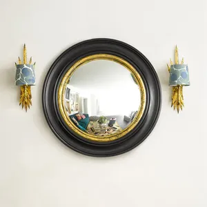 Marlon convex round mirror in black and gold wooden framed wall mirror