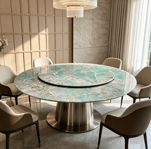Table à manger ronde de luxe en marbre vert avec plateau tournant Lazy Susan, design moderne, base en métal, mobilier de maison, 4 places, garantie 1 an - Product Image 6