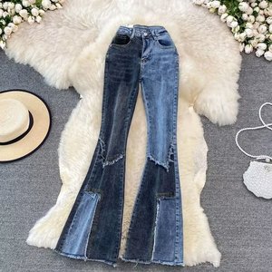 กางเกงยีนส์ทรงบานเอวสูงผู้หญิง ผ้ายืด แต่งสีตัดต่อ แฟชั่น - Product Image 1