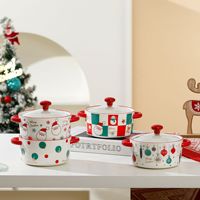 Ensemble de vaisselle en céramique de Noël Père Noël 4 pièces, bol à nouilles ramen, bonhomme de neige, renne, couvercle en verre, cadeau pour la cuisine