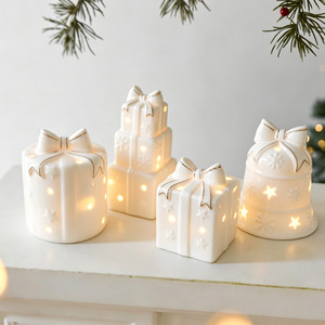 LINGKAI White Ceramic Christmas Gift Box Bell Ornaments With <b>LED</b> <b>Lights</b> Gold Trim Tabletop Xmas Home Holiday Desktop Decor - Product Image 2