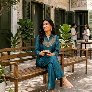 Teal Linen <b>Kurta</b> Set <b>For</b> <b>Women</b> With Gold Embroidered Neck And Wide Leg Pants - Product Image 1