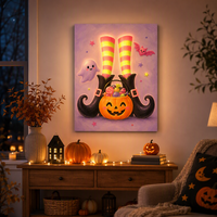 Décoration murale en toile LED imprimée pour Halloween, motif adorable botte de sorcière et citrouille, idéale comme cadeau de fêtes ou pièce d'exposition murale intérieure