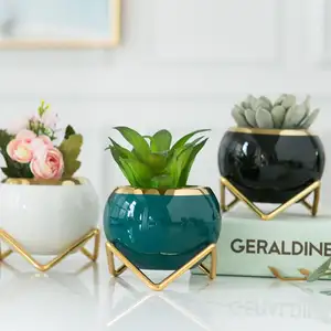 Nordic Creative Glacé Petit Mini Planteur Succulent Pots De Fleurs En Céramique Avec Support En Métal