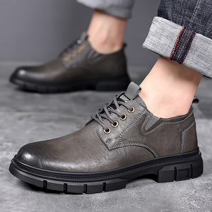 Chaussures en cuir décontractées pour hommes, bottes basses Martin en cuir de vachette à semelle souple, gris, noir, marron, couleur unie, lacets avant - Product Image 1