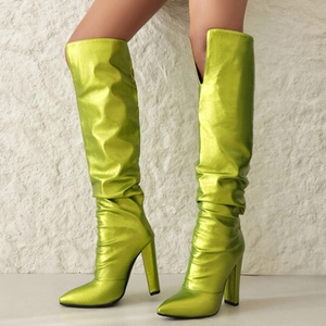 Big Size 47 Pleated Upper Women's Knee-high Chunky Heels Boots Pointed Toe on Wide Fit Long Booties Candy Color Solid <b>Shoes</b> - Product Image 1