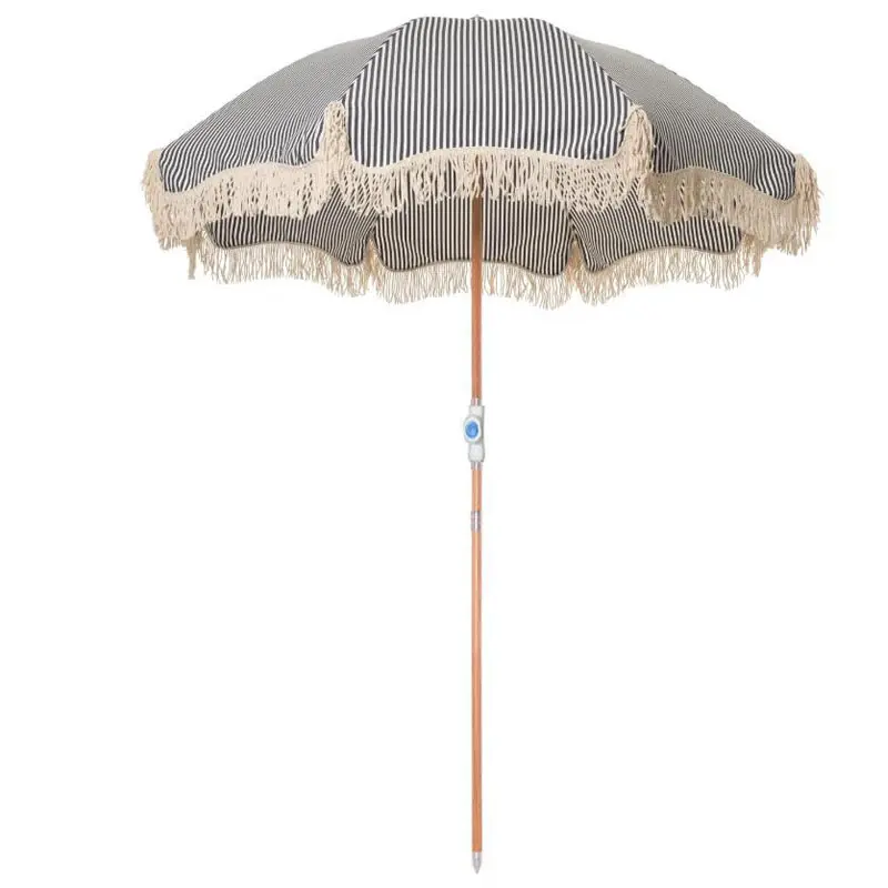Payung Pantai Kustom Bergaris Hitam 2.2M Selandia Baru Berjumbai Payung Luar Ruangan Met Kwastjes Payung Matahari Antik untuk Taman