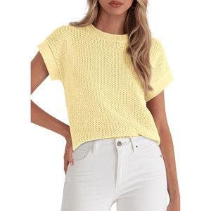 Chaleco de punto para mujer, top de ganchillo transpirable con manga casquillo, atuendo de verano, amarillo claro, ropa casual - Product Image 1
