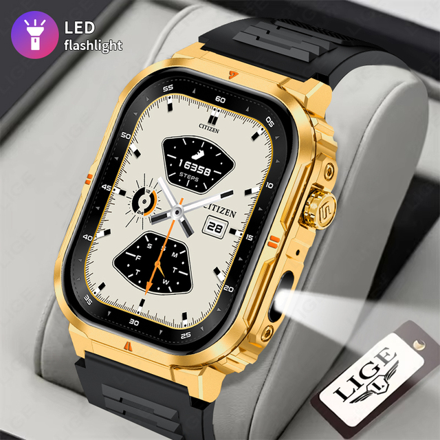 Lige BW0908 Golden Montre Intelligente Unisex Smart Watch 2.01inch HD Screen Blood Oxygen Weather LED Flashlight IP68 Smartwatch