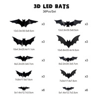 Lot de 36 chauves-souris décoratives d'Halloween, autocollants 3D lumineux, tailles assorties, pour fête d'Halloween, chambre, fenêtre, décoration intérieure et extérieure