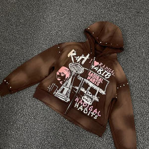 Streetwear personnalisé surdimensionné strass Rivet en détresse impression numérique sweat à capuche zippé soleil délavé à l'acide sweats à capuche unisexe été - Product Image 1