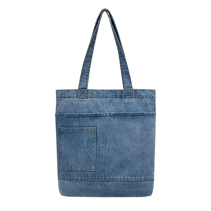 2022 In Stock RTS Custom Eco Denim Shopping Bag Tote Bag Multi Pockets Lightweight Casual Zipper Denim Tote Bags for Women