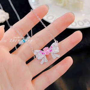 Ethereal Bow Necklace For Women Pink Diamond Blue Sapphire Clavicle Chain Party Fashion Pendant Zinc Alloy - Product Image 4