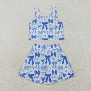 Baby Girls Sleeveless <b>Blue</b> Pink Bows <b>Vest</b> <b>Top</b> Yoga Athletic Skorts Sets - Product Image 4