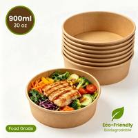 Bol alimentaire rond en papier kraft biodégradable de qualité alimentaire de 900 ml avec couvercle en PET, logo personnalisé, pour soupe, salade, à emporter, restauration