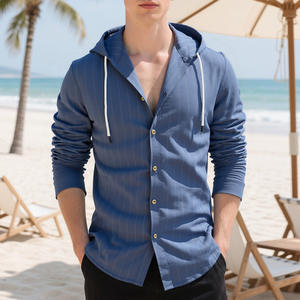 Chemise à capuche rayée à manches longues pour homme, boutonnée sur le devant, en mélange de lin respirant, style décontracté pour la plage - Product Image 1