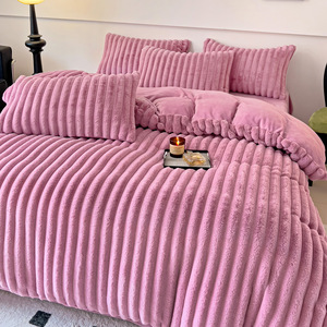 Bộ chăn ga gối đệm nhung sữa lông thỏ dày dặn mùa thu đông màu trơn phong cách công chúa bốn món - Product Image 2