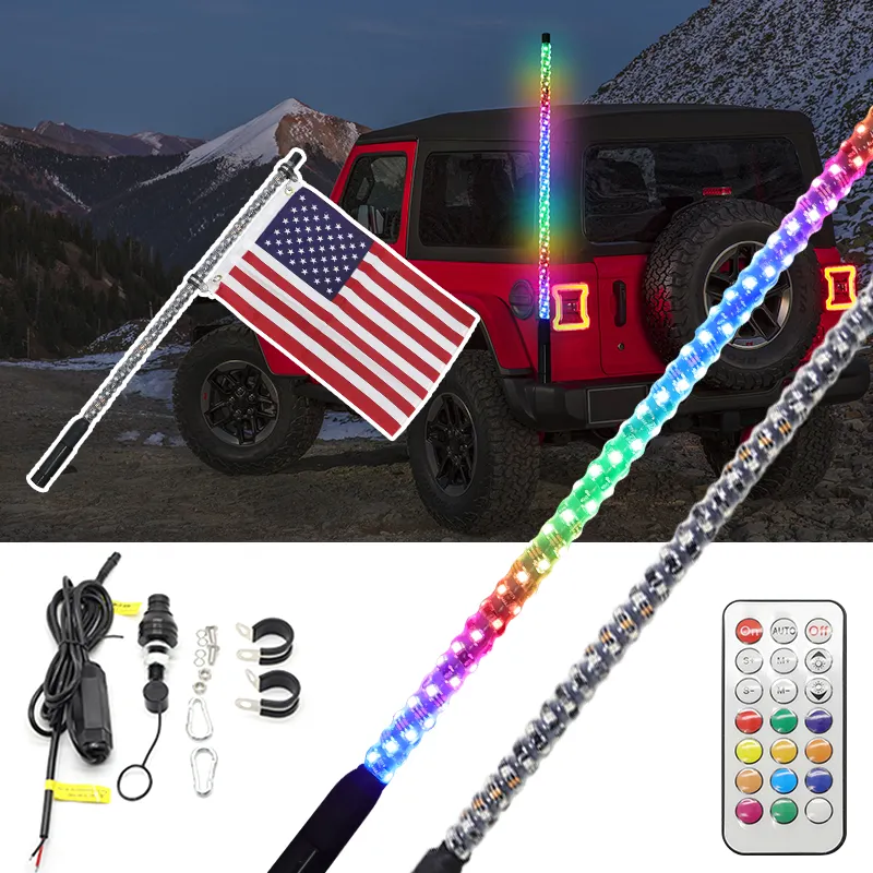Xe ánh sáng phụ kiện đầy màu sắc IP67 không thấm nước điều khiển từ xa đa chế độ LED xoắn ốc Cột cờ đèn cho Wrangler Jeep xe tải