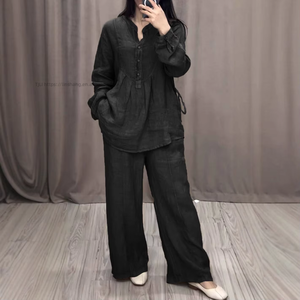 ชุดเซ็ต 2 ชิ้น เสื้อแขนยาวผ้าฝ้ายผสมลินินใส่สบายสำหรับผู้หญิงช่วงฤดูใบไม้ร่วง และกางเกงขายาวทรงหลวมเอวยางยืดแบบลำลอง แฟชั่น - Product Image 2