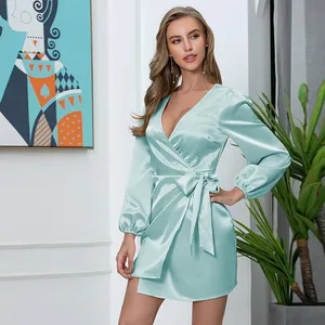 Women Clothing 2020 Knotted Ruched Detail Long Puff Sleeve Sexy Mini Clothes Women Dresses