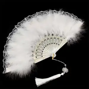 Hot Sale Fashion Foldable Lace Edge Feather PP Hot Stamping Plastic Bone Tassel Handfan Nice Sex Lace Hand Fan for Wedding Gift