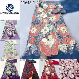 Tela <span class=keywords><strong>de</strong></span> encaje <span class=keywords><strong>de</strong></span> tul con bordado floral 3D Sinya, lentejuelas, cuentas, terciopelo, encaje africano Aso Ebi para vestido <span class=keywords><strong>de</strong></span> noche o boda. - Product Image 2