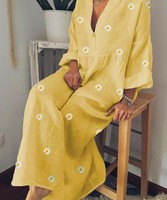 Robe en lin à manches longues et col en v avec imprimé floral pour femme, tenue Maxi décontractée, grande taille, collection automne Offre Spéciale