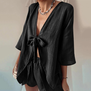 2025 nuova vestaglia Sexy Cardigan e Shorts <span class=keywords><strong>pigiama</strong></span> tinta unita indossano completi da donna - Product Image 2