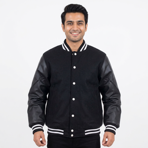 Veste de baseball d'hiver unisexe pour homme, coupe ajustée, design varsity, fourrure de mouton, boutons, grande taille, cuir, polyester, tricot - Product Image 1