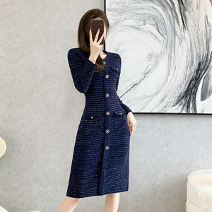 Robe élégante pour femme en <span class=keywords><strong>jacquard</strong></span> à carreaux d'automne, taille haute, col en V, amincissante, <span class=keywords><strong>jupe</strong></span> longue de mondaine - Product Image 4
