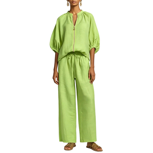 Conjunto Casual de 2 Peças em Cor Sólida com Blusa de Zíper Frontal e Calças Largas com Cordão para Mulheres Sehe Fashion - Product Image 6