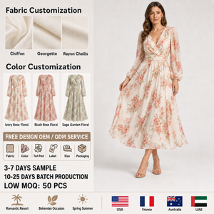 Abito Midi Estetico Boho Floreale in Chiffon 2027 da Donna con Scollo <span class=keywords><strong>a</strong></span> V, <span class=keywords><strong>Maniche</strong></span> Lunghe, Vita Avvolta, Fluido, per Ospite di Matrimonio, Vacanza, Cocktail - Product Image 2