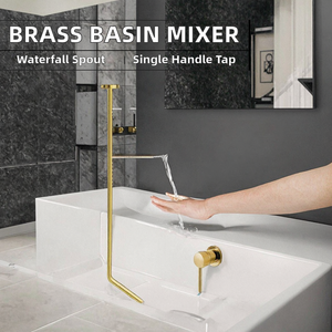 Robinet de lavabo monocommande en laiton à poser sur le comptoir avec cartouche céramique, bec cascade moderne, pour salle de bain - Product Image 2