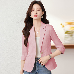 Women's Blazer Beige Three Quarter Sleeve Lightweight Solid Color Breathable Summer Style - Product Image 3