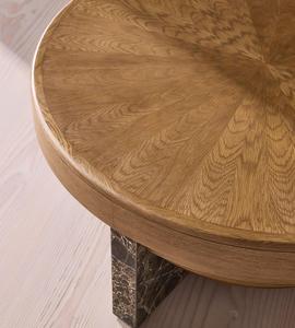 Custom <b>Round</b> Oak <b>Coffee</b> <b>Table</b>, Star‑Burst Wood Veneer Top <b>Marble</b> Leg Layered Design Center <b>Table</b> for Living Room Villa - Product Image 2