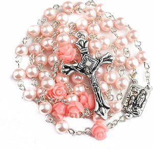 Collier <span class=keywords><strong>chapelet</strong></span> de perles roses catholique et notre collier de médaille et croix à fleurs roses <span class=keywords><strong>Lourdes</strong></span> - Product Image 2