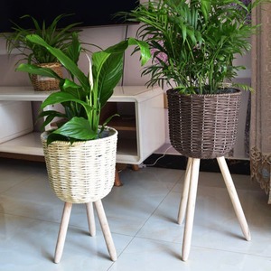 Woven Flower Pot Stand With Wooden Legs Minimalist Design For Indoor Home Use Circular Floor Standing Plant <b>Basket</b> - Product Image 1