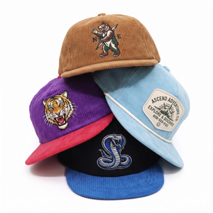 Casquettes de sport structurées à 5 panneaux en velours côtelé avec logo brodé plat bicolore personnalisé OEM et fermeture snapback - Product Image 1
