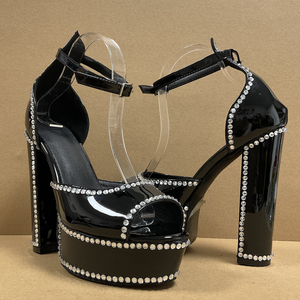 Sandalias de tacón grueso con punta abierta y diamantes para mujer, talla grande 47, con plataforma gruesa y hebillas en el tobillo, zapatos de charol. - Product Image 5