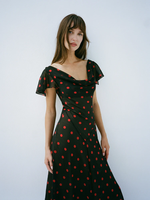 Robe de vacances Nicecover style vintage français, col bénitier, manches volantées, ourlet asymétrique, base noire, pois rouges, en mousseline de soie, longueur midi