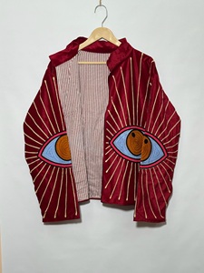 <b>Women</b>’s Red <b>Velvet</b> Blouson <b>Jacket</b> with Embroidered Eye Motif Lantern Sleeves Turn-Down Collar Autumn Fashion <b>Jacket</b> - Product Image 5